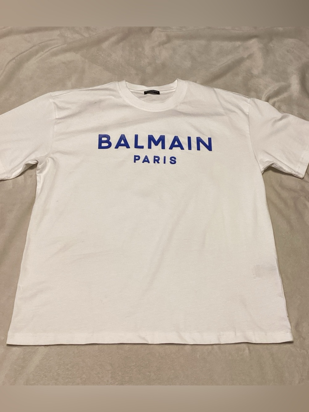 Balmain White Short-Sleeve Tee with Blue Logo
